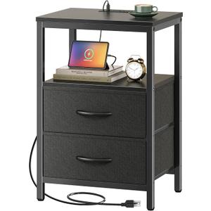 Huuger Nightstand with Charging Station, Side Table with 2 Fabric Drawers, End Table with Open Shelf, Bedside Table with USB-C Port and Outlets, Night Stand for Bedroom, Black