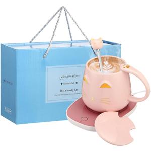 Cat Coffee Cup Warmer Coffee Warmer with Mug for Women Electric Coffee Mug Heater Temperature Control Ceramic Cute Cat Smart Coffee Warmer for Office Christmas Birthday Gift (Pink)