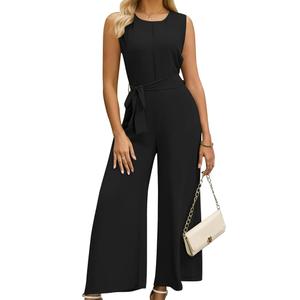 One Piece Jumpsuits for Women Dressy Summer Casual Sleeveless Crew Neck Wide Leg Pants Rompers with Waist Belt (J2425-Black-S)