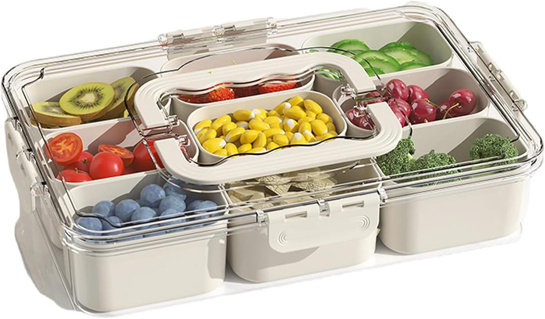 Divided Veggie Tray with Lid and Handle 9 Compartment Serving Tray with Dividers Portable Travel Snack Containers Stackable Snackle Box Charcuterie Container for Fruit, Vegetable, Salad (9 Containers)
