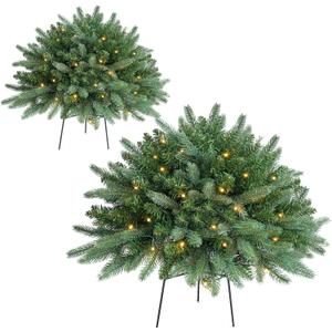 Christmas Planter Filler Tree Outdoor Prelit 2 Pack, 24" Urn Fillers for Porch Planters Pathway Battery Operated Light, Xmas Greenery Outside Decorations (Pine Blue)