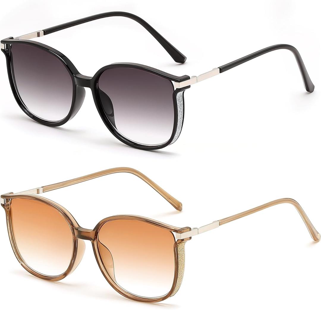 FEISEDY 2 Pack Stylish Reader Sunglasses for Women Fashion Lightweight UV400 Protection Full Lens Reading Glasses B0321 +2.0