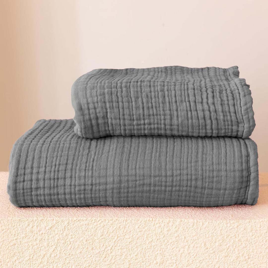 Ultra Soft Muslin Towel Adult Set, 100% Turkish Cotton 4-Layer 2 Pieces Luxury Muslin Hand & Bath Towels Sets for Bathroom (Dark Gray, 1 Bath & 1 Hand Towel Set)