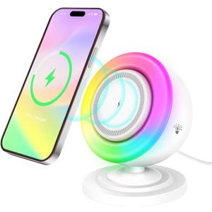 4 in 1 Bluetooth Speaker with 15W Magnetic Wireless Charger,Bedside Night Light,Touch Dimmable RGB Lights & Phone Stand for iPhone,Samsung,Android Device,(White)