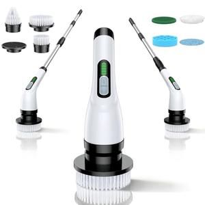 VigorDay Electric Spin Scrubber - Cordless Bathroom Scrubber with 7 Brush Heads - Dual Speed IPX7 Waterproof Power Scrubber for Heavy-Duty Bathtub, Glass, Tile, and Car Cleaning (White)
