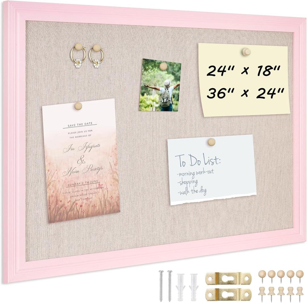 DOLLAR BOSS Bulletin Board with Linen 24'' x 18'' Pink Framed Cork Boards for Walls, Photo Display Pin Board, Decorative Corkboard for Office Home School Girls Dorm Decor with 10 Pushpins, White