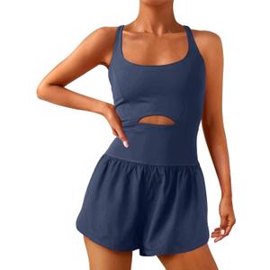 Womens Workout Romper Sexy Sleeveless Athletic Rompers One-Piece Running Onesie Jumpsuit Summer Gym Casual Valentine Gift, Navy Blue, L
