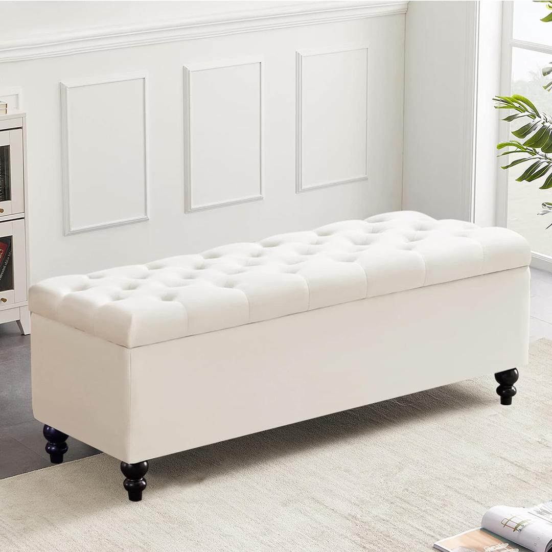 Storage Ottoman 50.2 Inches Upholstered Fabric Storage Ottoman BenchButton Tufted Ottoman with Storage for Living RoomBedroom End of Bed Bench Withstands 304lbs (Ivory)