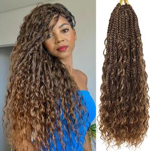 Eeanno Goddess Box Braids Crochet Hair Honey Blonde Boho Hair for Women Pre Looped Crochet Box Braids with Curly Ends (M333027, 18 Inch (Pack of 7))