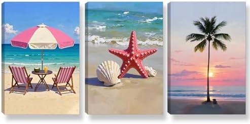 3 Pcs Hawaii Beach Wall Art Decor, Summer Seaside Shells Canvas Painting Posters Prints, Coconut Tree Pictures for Living Room Bedroom Home Decoration 16 * 24 IN(Stretched Canvas on A Wooden Frame)