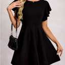Women's Butterfly Short Sleeve Mini Dress Crew Neck A Line Elegant Work Office Dresses (Black, M)