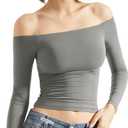SUUKSESS Women Off Shoulder Double Lined Long Sleeve Shirts Basic Going Out Tops (Medium, Gray)