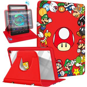 Petonis for Amazon Fire 7 Tablet Case for Women - Girly Kids Girls Cute Cartoon Kawaii 360 Rotating Folio Stand for Fire 7 Tablet,RedMogu