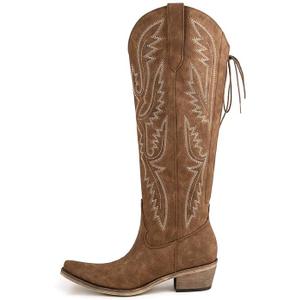 Atuelang Cowgirl Boots Wide Calf Western Cowboy Boots for Women Embroidered Pointed Toe Block Heel Pull-On Back Lace Up Adjustable Fancy Tall Knee High Boots Brown Size 9