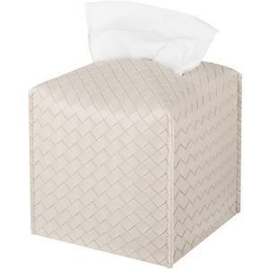 Tissue Box Cover PU Leather Tissue Holder Square Facial Tissue Case Facial Paper Organizer Dispenser for Bathroom, Vanity Countertop, Tabletop, Car, Griege