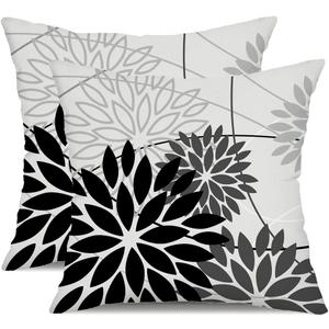 Black Grey Floral Pillow Covers 18x18 Set of 2 Outdoor Waterproof White Colored Decorative Throw Pillows Summer Pillowcase Polyester Cushion Case Decor for Couch Patio Funiture Garden Porch 01L18