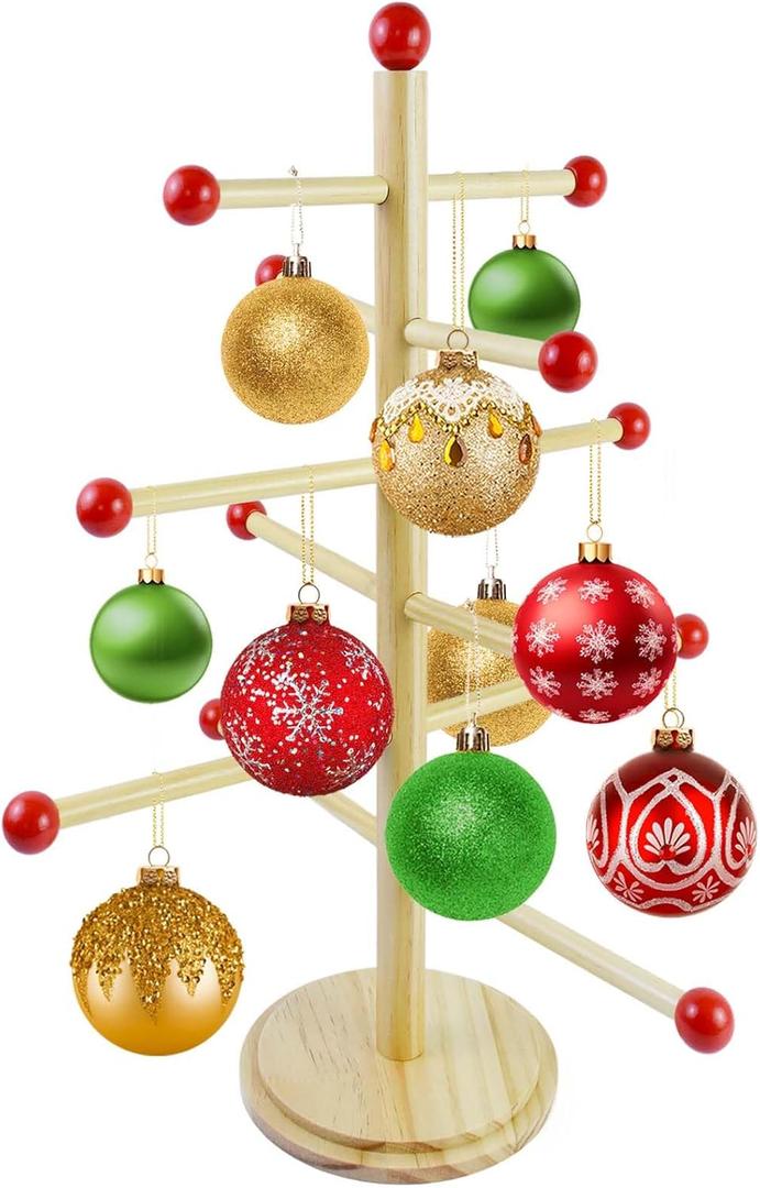 Christmas Tree Ornament Stand Holder with Arms, 17.8" Wooden Holiday Ornament Display Rack Decorative Christmas Ornaments Display Hangers for Hanging Xmas Farmhouse Home Decorations
