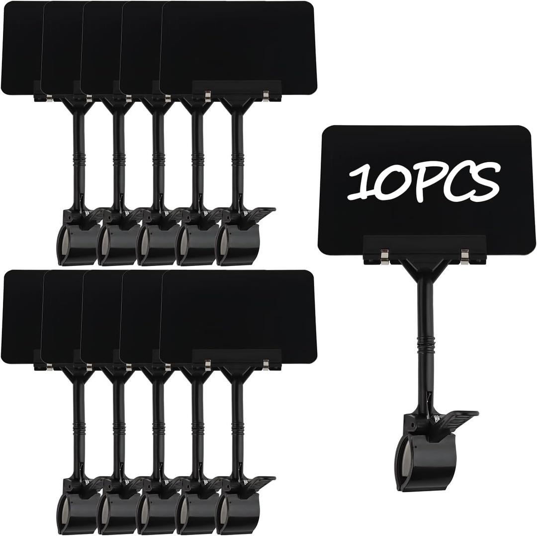 10 Pack Plastic Chalkboard Signs with Long Clip, Double Head Rotating Display Price Tags Merchandise Clip Holder for Business Retail Food Clothing Rack Shelf Basket Sign Display (Black)