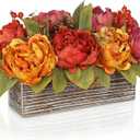 Fall Peonies Artificial Flowers In Rustic Wooden Box, Fall Silk Flowers Centerpieces for Tables, Falls Floral Arrangement with Pinecones, Berries for Autumn, Harvest Decor, Thanksgiving Decorations