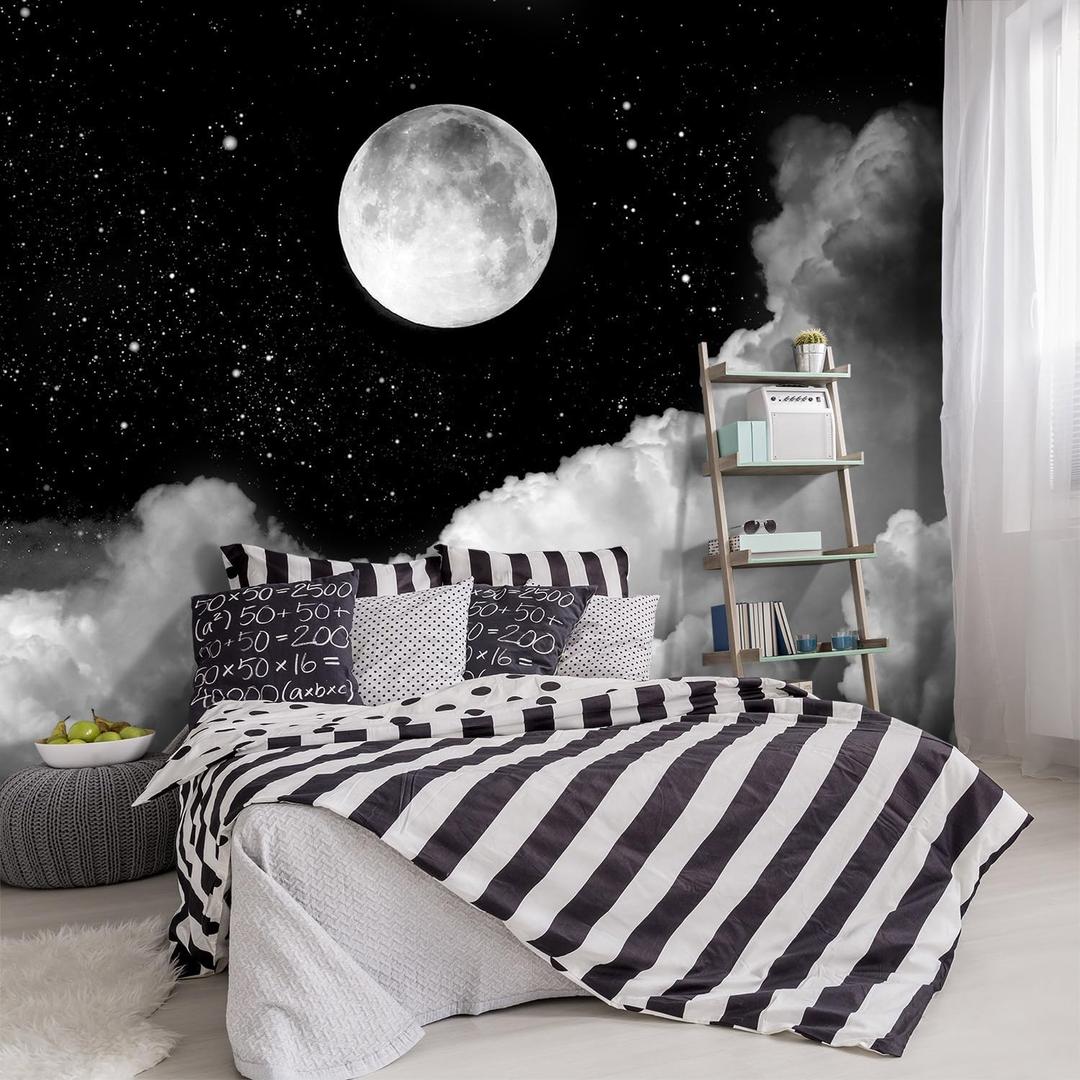 -Gray Galaxy Universe Moon Fabric Wallpaper Ceiling Starry Night White Clouds Living Room Bedroom Bathroom Boys and Girls Children's Room Large Mural- 91"x65" not Peel and Stick