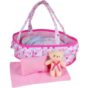 Young Buds Baby Doll Cradle Bassinet Portable Doll Carrier Carry Bag,Doll Accessories Playset,with Soft Pillow Quilt Blanket Bear