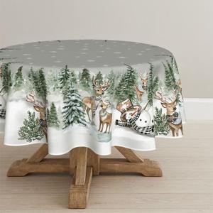 Horaldaily Christmas Tablecloth 7070 Inch Round, Deers Snowman Trees Grey Washable Table Cover for Party Picnic Dinner Decor