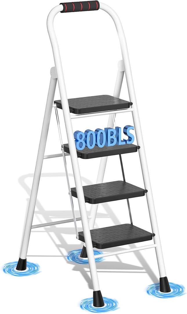 4 Step Ladder, Folding Step Stools with Safe-Lock Design & Handrail, Step Stool Foldable with Anti-Slip Pedal and Feet, Sturdy Steel Ladder for Multi-Purpose, 800lb, White