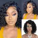 Short Water Wave Wig Human Hair C Parted Glueless HD Lace Wig Black Side Part Short Wave Lace Wigs Curly Bob Wear and Go Wig 150% Density