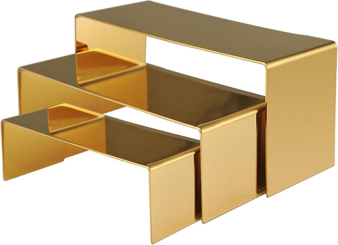 Purse Display Stand, 3pcs Gold Risers Display Stands Stainless Steel, Heavy Duty 22lb Countertop Shoes Stand Handbag Tiered Risers for Home Boutique Retail Store Vendor Display Bags Perfume Jewelry Craft