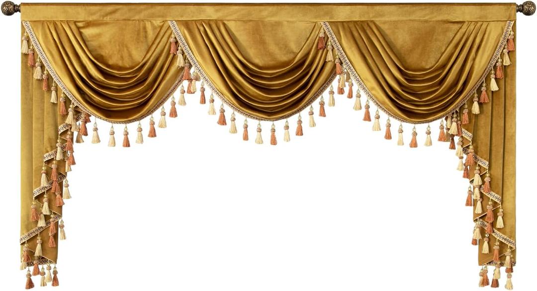 VOGOL Soft Velvet Waterfall Valances for Kitchen Windows, Gold Vintage Style Swag Curtains Valance with Luxury Tassels, Rod Pocket Drapes for Living Room,1 Panel (Yellow, W79)