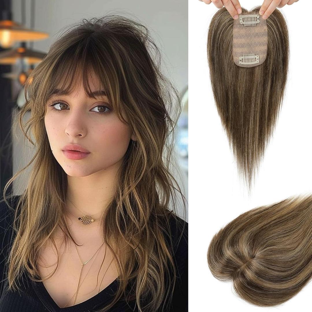 Flufymooz Real Human Hair Toppers for women, 10 Inch Clip in Bangs 100 Human Hair Toppers for Thinning Hair, Cover Hairpiece with 150% Density Silk Base-Chocolate Brown with Blonde