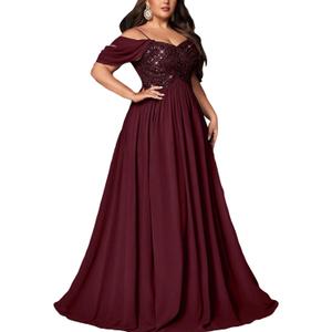Women's Sequin Plus Size Wedding Guest Bridesmaid Dresses Maxi Gown for Formal Prom Cocktail Party Evening Events (5X-Large, Burgundy)