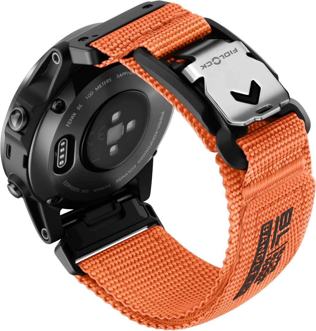 Bandletic Compatible with Garmin Fenix 5S Watch Band, 20mm Quick Fit Rugged Nylon Strap with Magnetic Fidlock V-Buckle for Fenix 8 43mm/7S Pro/6S/5S Plus/Instinct 2s E 40mm/Approach S70 42mm, M-Orange