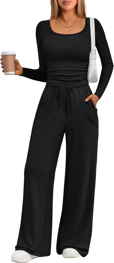 Trendy Queen 2 Piece Scoop Neck Lounge Set Womens Wide Leg Pants Side Ruching Slightly Crop Top Sweatsuit Sets With Pockets (Medium, Black)
