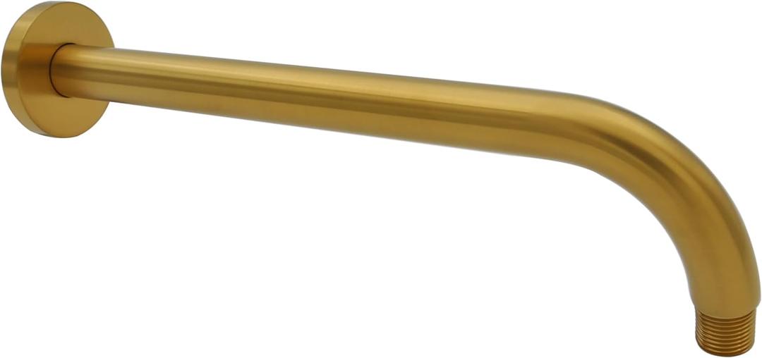 Aquaiaw Shower Arm and O-Ring Flange, 12 inch, Solid Brass Material, Both Soldered 1/2 NPT Tapered Threads, Round Wall Mount Rainfall Shower Head Extension Arm, PVD Brushed Brass (Matte Brushed Gold)