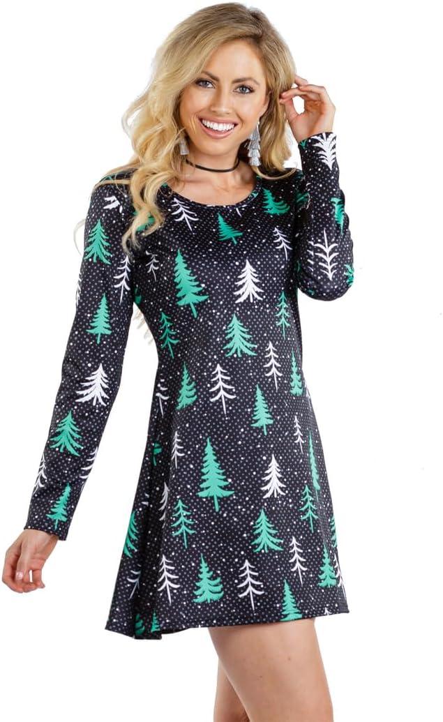 Tipsy Elves Women's Classic Christmas Dresses - Holiday Themed Dress - Easy Cute Winter Outfits (Medium, Allover Christmas Tree (Black))