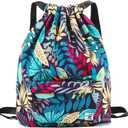 Waterproof Drawstring Bag, Gym Bag Sackpack Sports Beach Backpack for Men Women (02-blue Leaves)