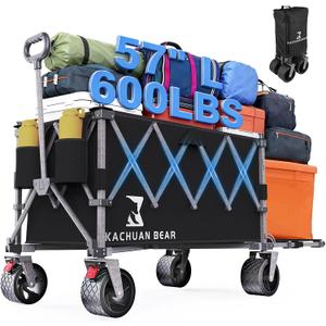 57" L Large Collapsible Foldable Wagon with Tailgate & Brake, 500LBS Heavy Duty Beach Wagons with All-Terrain Big Wheels, 300L Folding Utility Cart for Sand Garden Shopping Groceries Sports (Black)