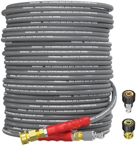 Heliwoo Pressure Washer Hose 100ft 4200PSI with 3/8 Quick Connect, 1/4 Commercial Grade Steel Wire Braided Kink Resistant Power Washer Extension Hose, Flexible Replacement Hose Adapter Set