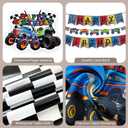 Monster Truck Birthday Decorations - Cake Topper, Banner, Backdrop, Latex Balloons, Foil Balloons, Table Cover, Sticker Set,149Pcs Set, Monster Truck Party Decorations (Red and Blue)