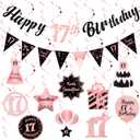 17th Birthday Decorations for Girls Rose Gold Pink Pre Assembled Happy Birthday Banner and Hanging Swirls 17 Years Old Party Decorations Supplies 17th Birthday Gifts for Girls