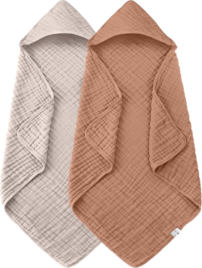 Pack of 2 Hooded Baby Towels - 100% Muslin Cotton for Newborns, Infants, Toddlers - Large 32x32 Inch Size - Highly Absorbent and Essential for Newborn Care, Light Bean Paste