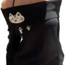 Women Y2K Off Shoulder Strap T-Shirts Cute Graphic Casual Long Sleeves Tops Kawaii Ribbing Trendy Outfits (X-Large, Black)