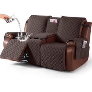 KinCam 100% Waterproof Recliner Loveseat Cover with Console, Non-Slip Reclining Couch Covers for 2 Seat, Recliner Sofa Cover Furniture Protector with Elastic Straps for Kids, Pets, Chocolate