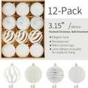 Christmas Ornaments Set of 12, 3.15" Flocked Velvet Balls with Hand Painted Designs, White Elegant Christmas Tree Decorations in Gift Box