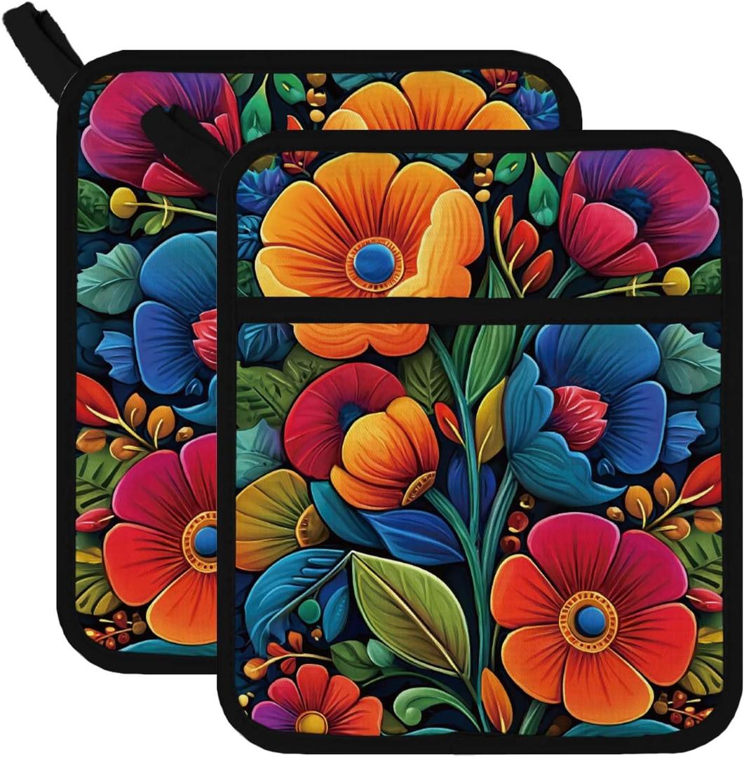 FREEBLOSS 2Pcs Boho Florals Pattern Pot Holders for Kitchen Cotton Potholder Heat Resistant Oven Hot Pads Hot Pot Holder for Cooking Baking 7.9x9.5in/20x24cm