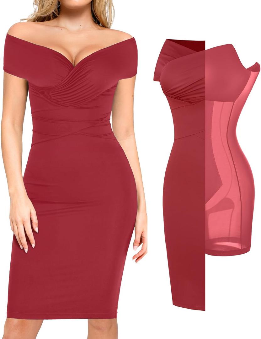 Popilush Women's Shapewear Midi Dress Off Shoulder Wrap V Neck Formal Wedding Guest Cocktail Dresses Bodycon Evening Gowns (XX-Large, Wine Red)