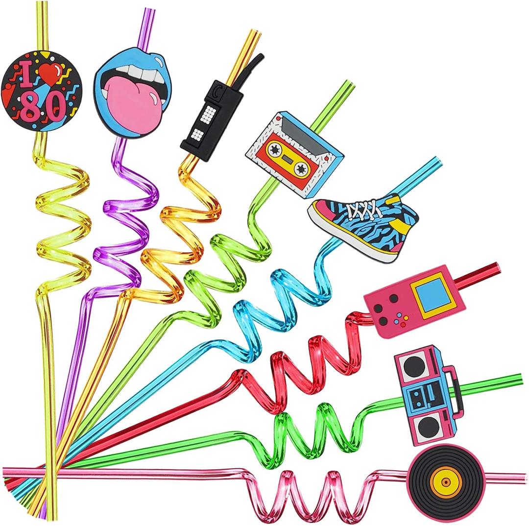 24pcs 80s Party Decorations Retro Straws Hip Hop Themed 80s Music Party Favor Swirl Straws 80s Radio Speaker Phone Tape Straw Decorations Kids Adult 80s Party Favors, 8 Color Styles