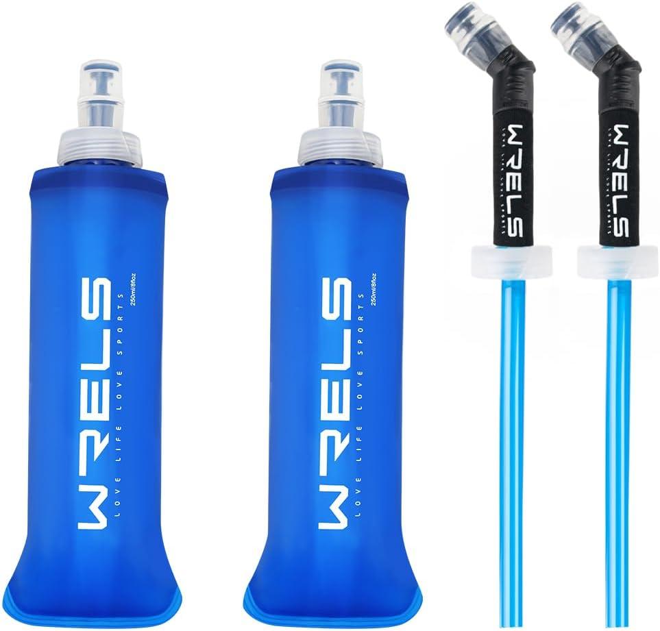 Folding Soft Flask Portable Collapsible Running Lightweight Water Bottle for Outdoor Sports, Travel with Mouthpiece Cover (250ml/8.45oz with straw-2 Pack)