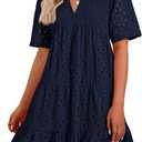 BTFBM Womens Boho Summer Dresses 2026 Spring V Neck Short Sleeve Hollow Out Lace Ruffle Casual Beach Mini Vacation Dress (Medium)